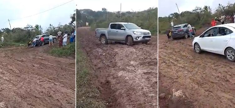 chapada:Sob forte chuva, populares empurram veículos atolados em lama na estrada do Vale do Capão