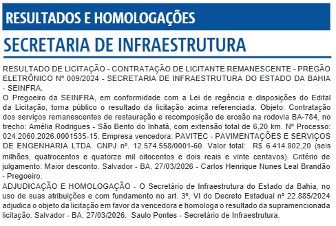 ​A Secretaria de Infraestrutura da Bahia (Seinfra) informa: