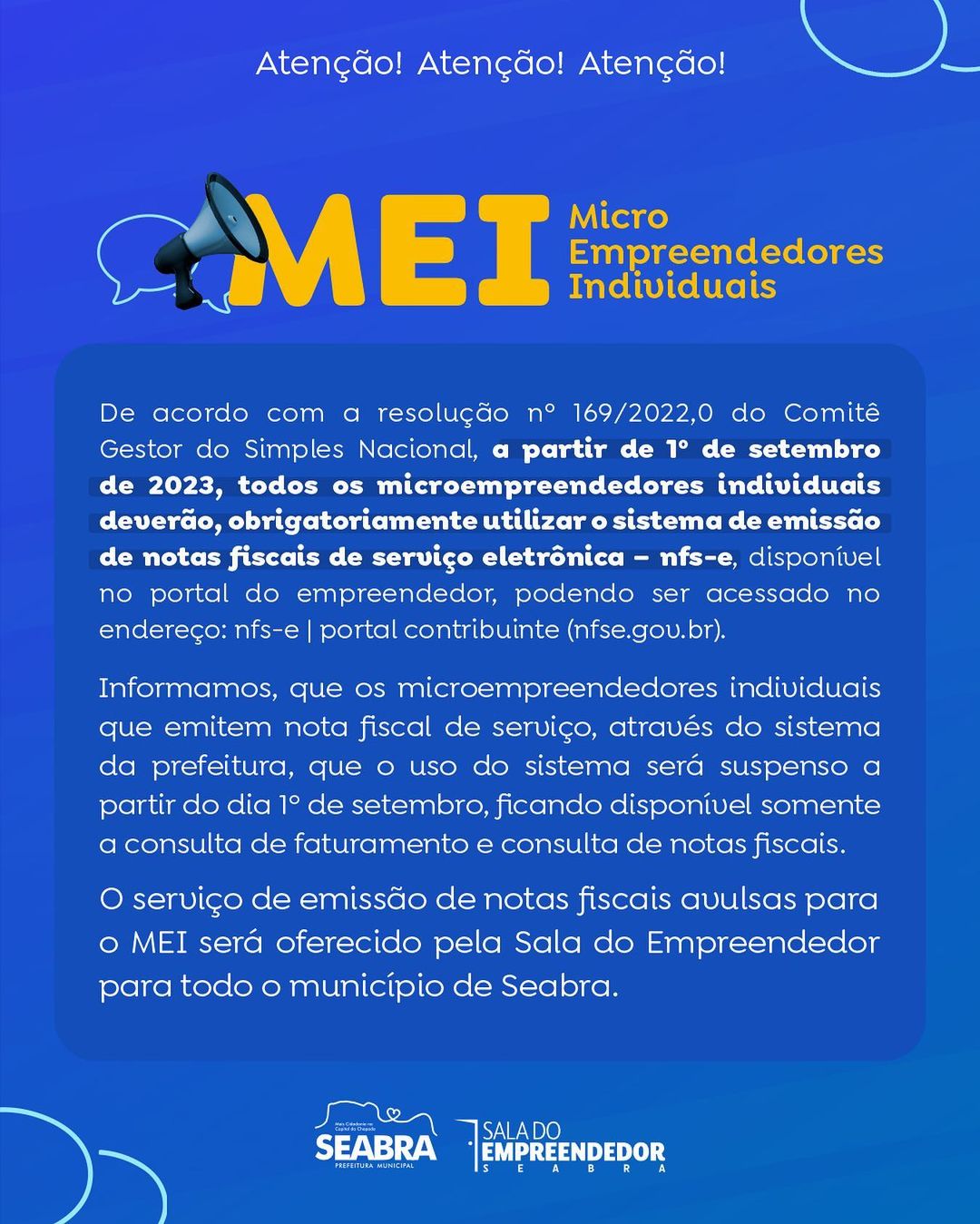 Prefeitura de Seabra informa: Atenção MEI - Micro Empreendedores Individuais